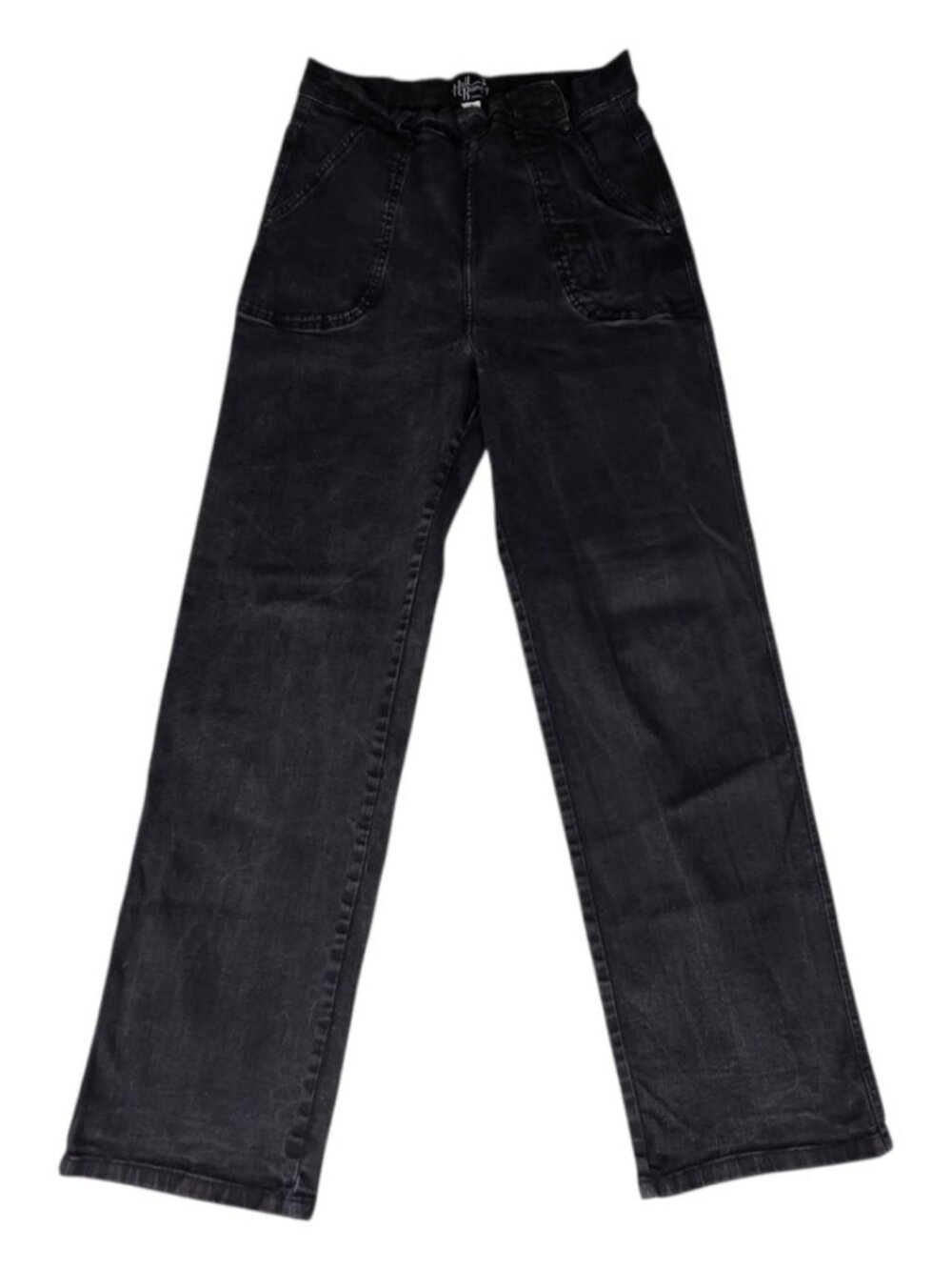 Hell Bunny Black Denim Jeans Womens Size L W32 UK14 High Waist Wide Leg Trousers